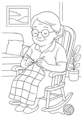 Coloring book grandma knitting in a rocking chair.