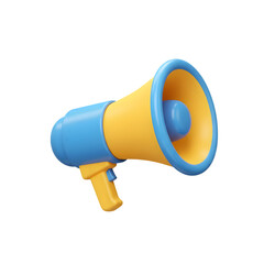 3D Render of a Yellow and Blue Cartoon Megaphone; Playful, Modern Design; Announcing, Promoting, Marketing Concept; Isolated on transparent background