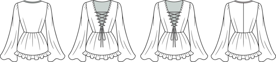 Peplum blouse fashion flat – women’s technical top with bishop sleeves, lace-up back, ruffle hem, and romantic design