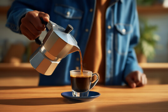 Hispanic man pouring espresso coffee from stove top brewer into glass cup in kitchen