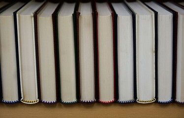 Hardcover books lined on the bookshelf in vertical position