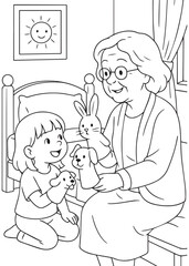 Coloring book page of grandma playing dolls with granddaughter.
