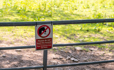 Close and selective focus on a “Don't Feed The Horses” sign on the gate securing a paddock