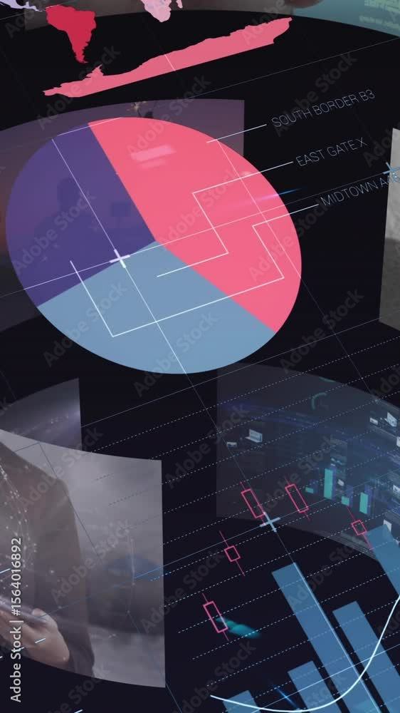 Poster animation of statistics and data processing over screens
