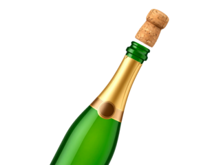 Sekt aus Flasche geschüttet, Schaum und Tropfen im Flug – realistisches Splash-Motiv, isoliert