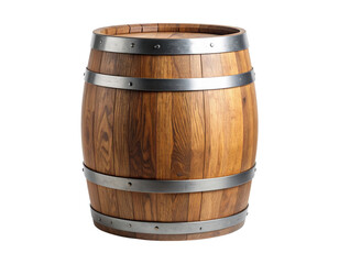 Obraz premium Vintage Wooden Barrel Standing Upright with Metal Hoops – Isolated on White Background