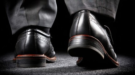 Close-up of black leather dress shoes worn by a person standing on a dark surface