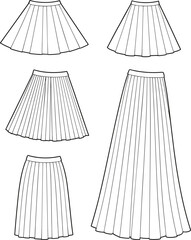 Women’s pleated skirts fashion flat sketch pack – short to long technical drawing templates for clothing design and garment mockups