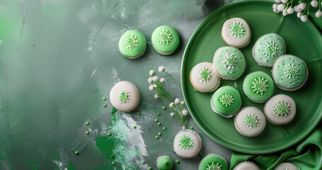 Traditional Saudi flag colors, green white buttercream round shortbread cookies on a green background. Horizontal banner with copy space, free space for text
