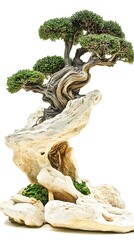 Fototapeta premium Artistic bonsai tree crafted on white rocks showcasing the beauty of japanese miniature gardening