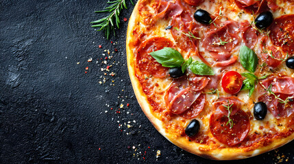 copy space, stockphoto, tasty pizza, top view. Beautiful background for national pizza day, italian restaurant menu or pizzeria. Traditional Italian food. National pizza day.