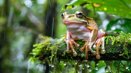 Obraz premium Tree frog on moss covered branch, dripping rainforest humidity, jungle textures all around, 2025 trend biodiversity visual, no humans