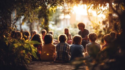 Children seated in circle in natural setting listening to modern teacher in soft sunlight evoking themes of spiritual learning, community and biblical storytelling