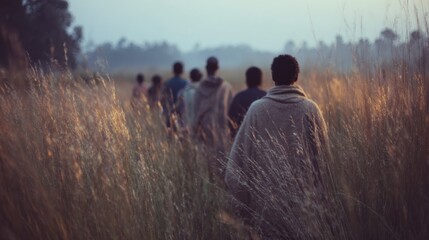 Line of followers walking through tall dry grass at dusk wrapped in cloaks evoking themes of pilgrimage, spiritual calling and biblical departure from worldly life