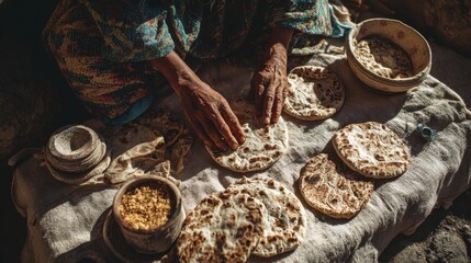 Old hands preparing flatbreads on linen cloth in warm natural light representing biblical domestic life, humble tradition and sacred nourishment