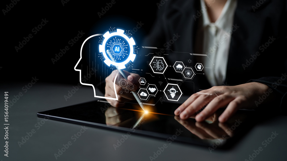 Poster ai integrated with human cognition, supporting decision-making, automation, robotics, data analysis,