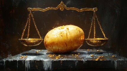 A painting of a scale with a potato on it