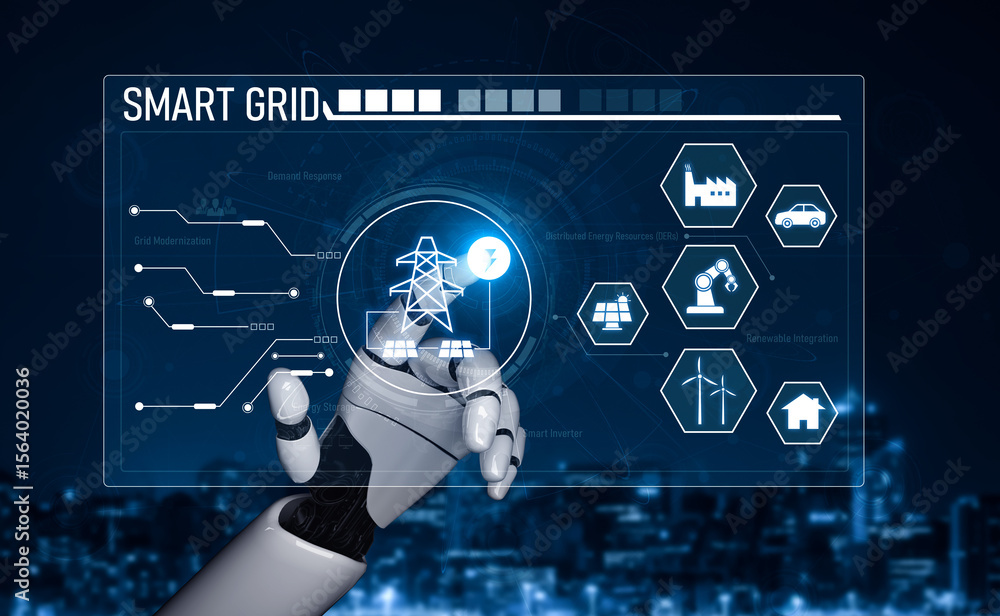 Poster ai optimizes smart grid infrastructure by integrating renewable energy, managing distribution, and e