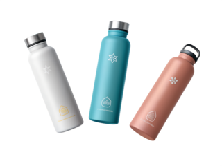 Floating water bottle mockup minimal matte psd with 3 stylish colors tilted view
