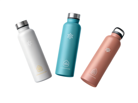 Floating water bottle mockup minimal matte psd with 3 stylish colors tilted view
