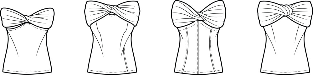 Strapless twist-front tops flat sketch – women’s fashion CAD template for technical design, garment illustration, and fashion flats