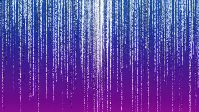 Abstract blue-purple binary code background with falling data streams, information technology, data security and digital world concept.