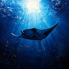 Underwater view of giant manta ray with trailing fish high resolution picture