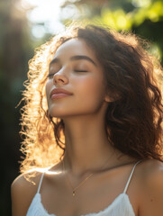 serene young woman with curly hair enjoys sunlight, embodying tranquility and positivity. Her closed eyes and gentle smile reflect moment of peace and self affirmation