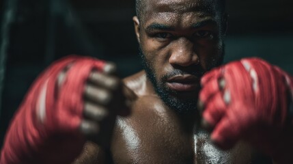 A focused boxer with red hand wraps trains intensely in a dim gym, showing resilience and dedication. The atmosphere is charged with energy as he prepares for an upcoming fight