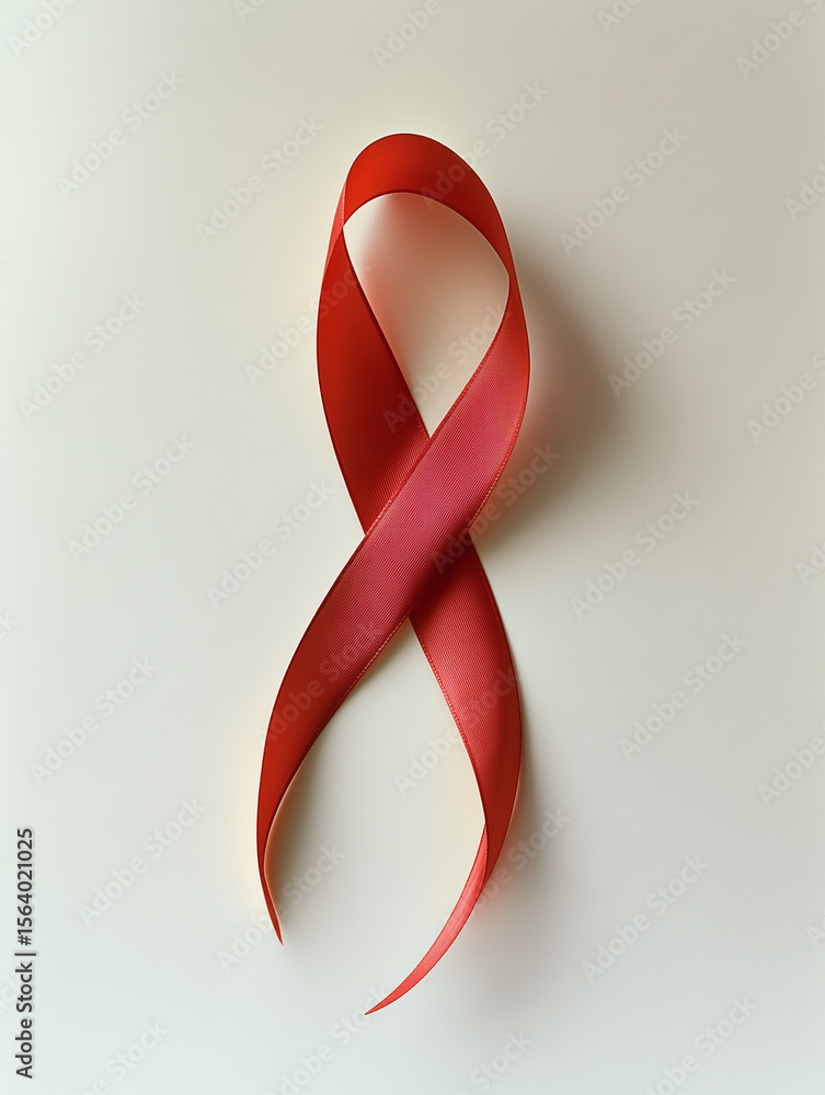 Poster elegant red ribbon floating gracefully on soft white background, symbolizing awareness and hope. its