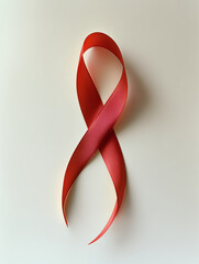 Elegant red ribbon floating gracefully on soft white background, symbolizing awareness and hope. Its smooth texture and vibrant color create striking visual impact