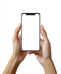 person holding smartphone with blank screen, showcasing modern technology and communication. hands are elegantly positioned, emphasizing device sleek design