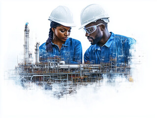 Engineers collaborating in industrial setting, wearing safety helmets and goggles, focused on their work amidst complex network of pipes and machinery