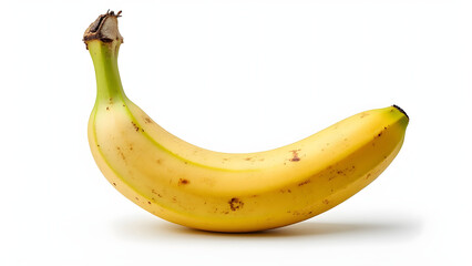 Fresh ripe banana with natural spots isolated on white background, vibrant yellow color and smooth texture
