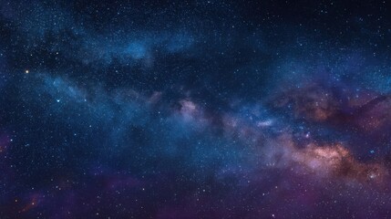 Vibrant swirls of blue, purple, and pink illuminate a clear night sky teeming with stars and cosmic clouds. This celestial view evokes a sense of wonder and exploration