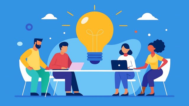 A diverse team is brainstorming ideas around a table with a lightbulb