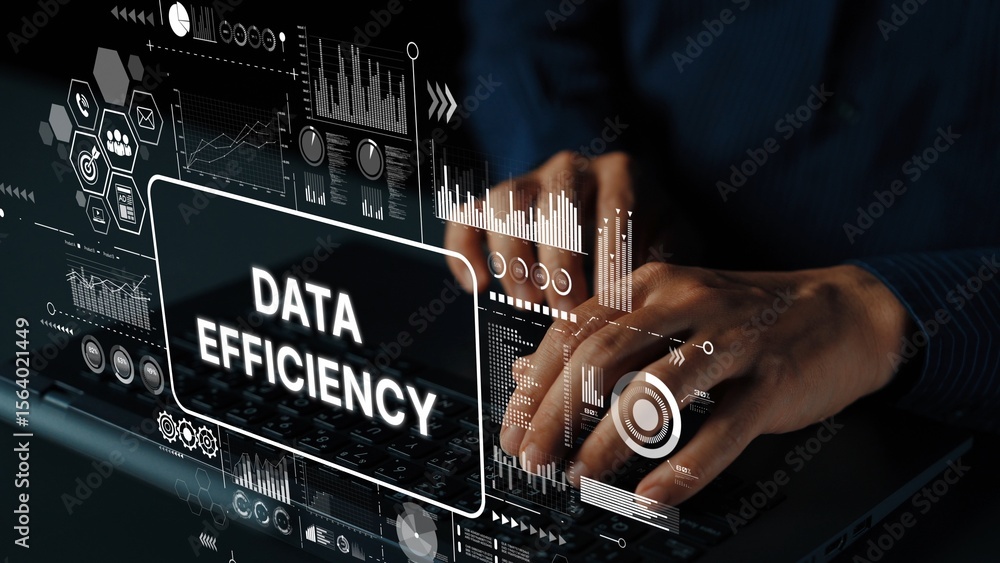 Poster innovative concept of data efficiency with digital interface and hands typing on keyboard for busine