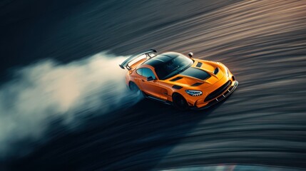 A vibrant orange sports car performs a controlled drift on a racetrack. The sun sets in the background, creating dramatic lighting and enhancing the action as smoke billows from the tires