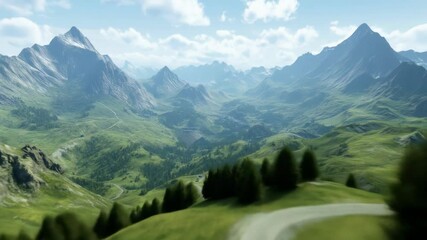 Drone shot of panoramic mountain vista displays towering peaks, vibrant green pastures, road winding, distant horizon - Powered by Adobe
