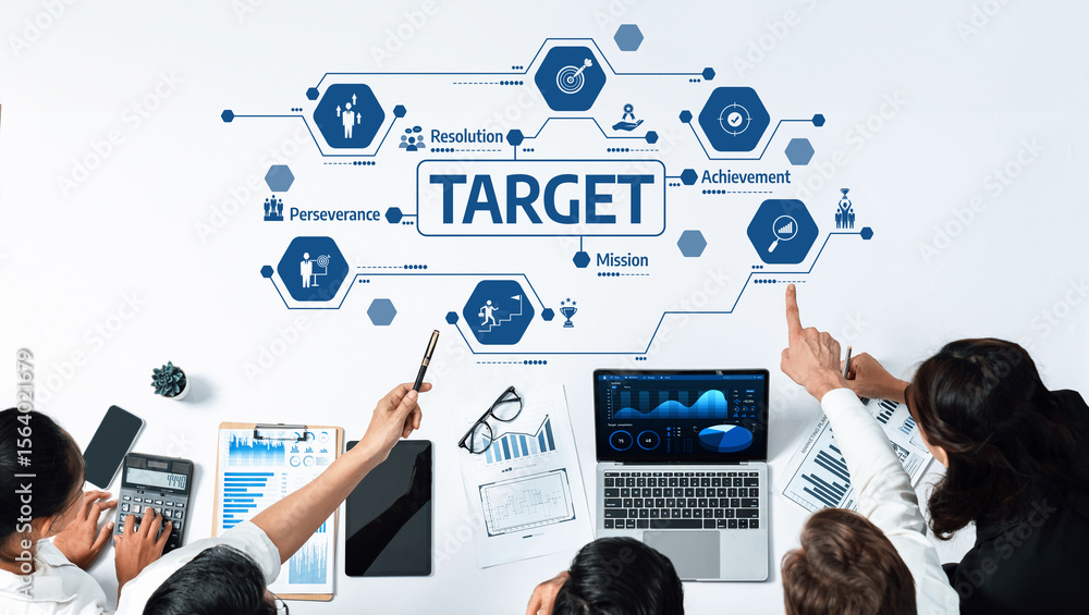 Aufkleber A focused team collaborates on strategic objectives in a modern workspace, utilizing data analysis and technology to enhance achievement and drive business growth. Amity
