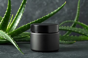 Sleek Black Cosmetic Jar with Aloe Vera Leaves on Dark Slate Background &ndash; Natural Skincare Product Mockup"

