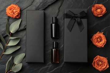 Luxury Black Gift Box Set with Amber and Black Bottles, Eucalyptus Leaves, and Dried Orange Roses on Slate Background"

