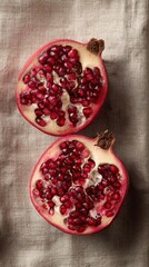 Close-up of two halves of ripe pomegranate with juicy red seeds placed on natural linen fabric ideal for health food visuals, antioxidant-rich diet promotions and organic fruit packaging