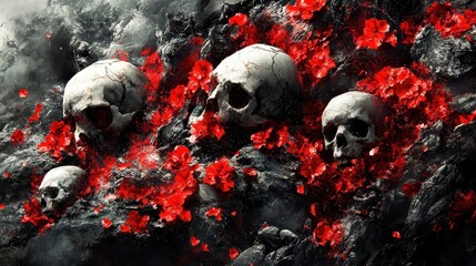 Skulls, Red Flowers, Dark Rock