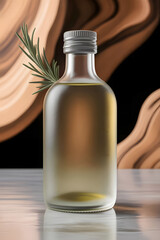 Olive oil bottle with rosemary sprig in front of an artistic background showcasing organic textures and warm colors