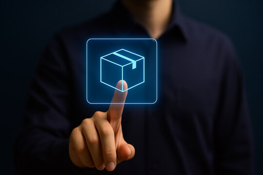 Businessman pressing futuristic holographic package shipping icon for modern delivery logistics technology, digital supply chain, eCommerce fulfillment and parcel management solutions - Powered by Adobe