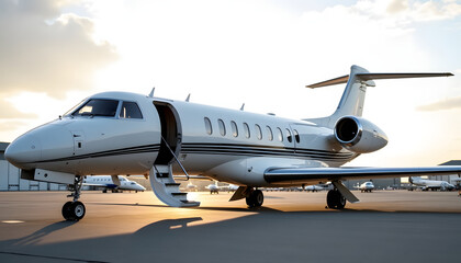 Elegant private jet at sunset, ready for takeoff, offering luxury and comfort.