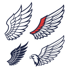 Set of wings icons. Wings icons. Bird wings, angel wings elements. Wing collection in different shape. Wings badges. Vector illustration	