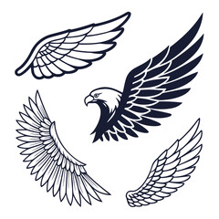 Set of wings icons. Wings icons. Bird wings, angel wings elements. Wing collection in different shape. Wings badges. Vector illustration	