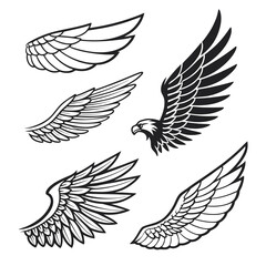 Set of wings icons. Wings icons. Bird wings, angel wings elements. Wing collection in different shape. Wings badges. Vector illustration	
